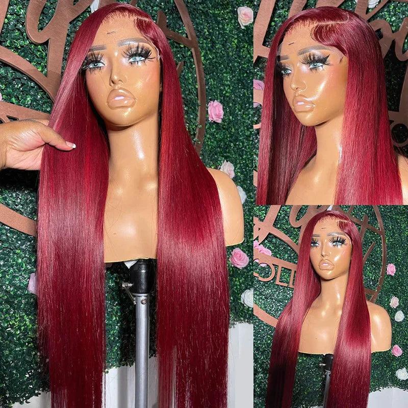 13x4 Burgundy Lace Front Perruques Cheveux Humains Brésilien Straight - hjweavebeauty