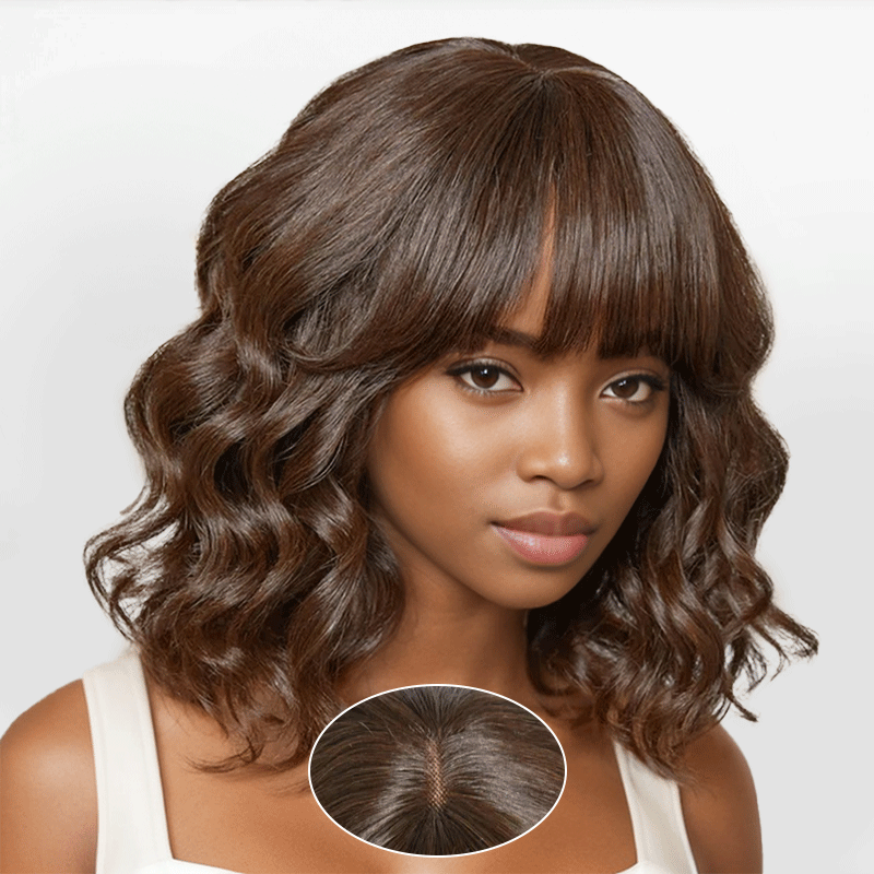 Glueless Mignon Couleur Marron Loose Wave Perruque Bob Sans Colle Avec Franges