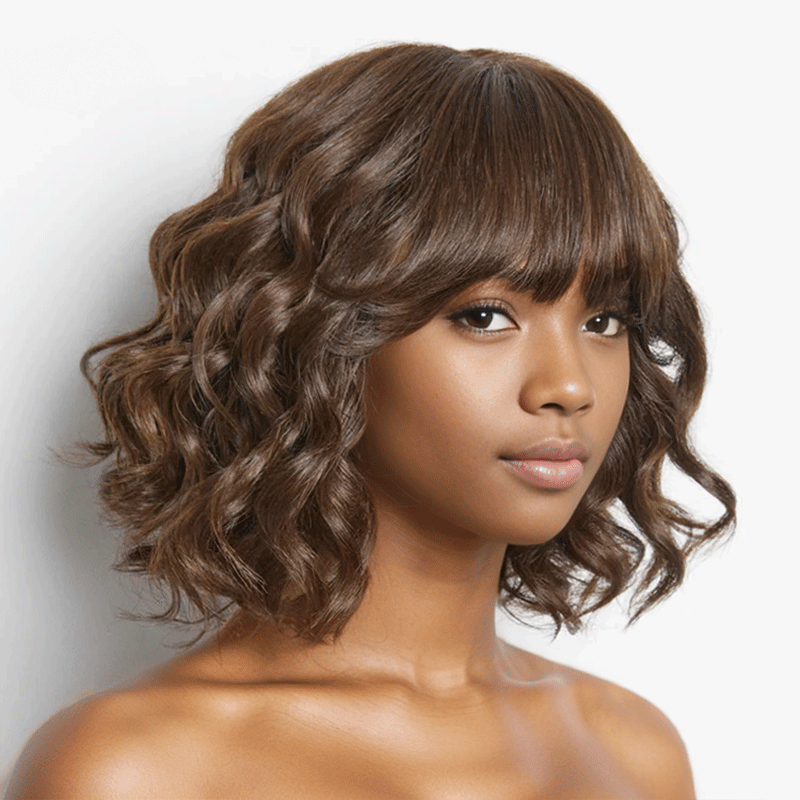 Glueless Mignon Couleur Marron Loose Wave Perruque Bob Sans Colle Avec Franges