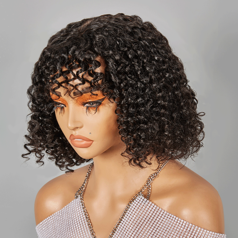 Glueless Bob Sans Colle Avec Frange Water Curly Texturé Cheveux Humains