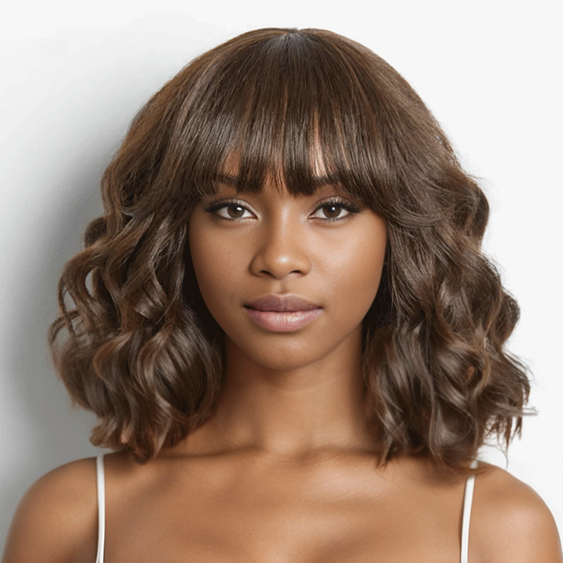 Glueless Mignon Couleur Marron Loose Wave Perruque Bob Sans Colle Avec Franges