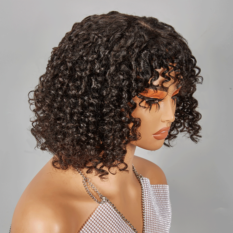 Glueless Bob Sans Colle Avec Frange Water Curly Texturé Cheveux Humains