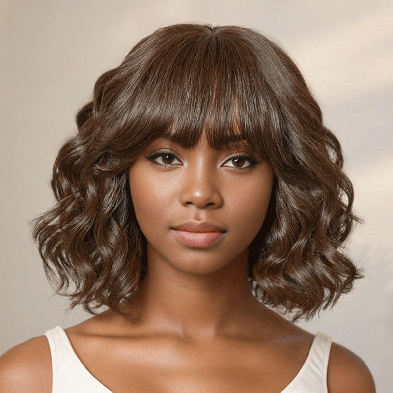 Glueless Mignon Couleur Marron Loose Wave Perruque Bob Sans Colle Avec Franges