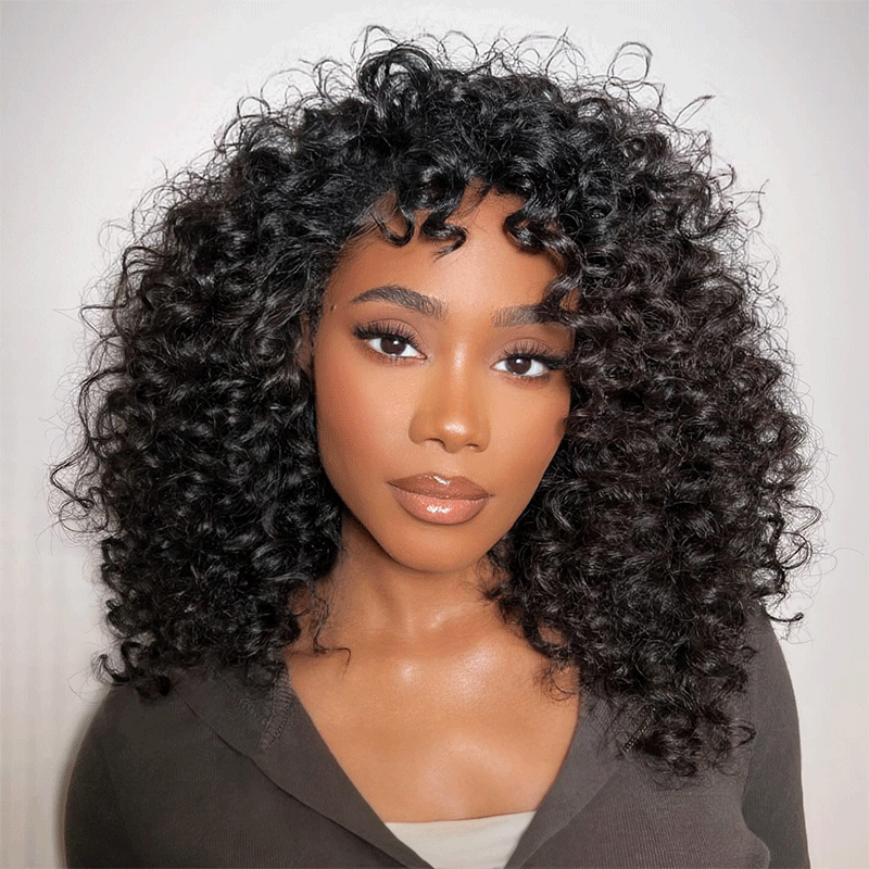 Glueless Bob Sans Colle Avec Frange Water Curly Texturé Cheveux Humains