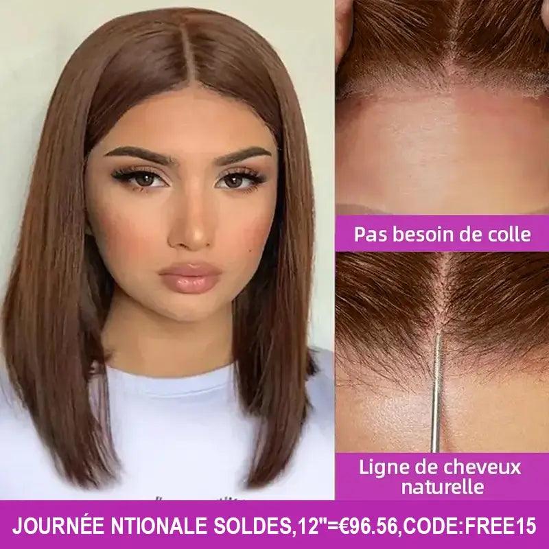 Glueless Chocolate Brown Bob Perruque Sans Colle Wear Go Cheveux Humains Lisse - hjweavebeauty