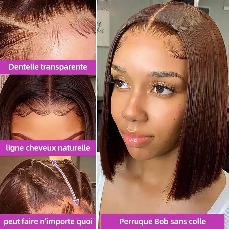 Glueless Chocolate Brown Bob Perruque Sans Colle Wear Go Cheveux Humains Lisse - hjweavebeauty